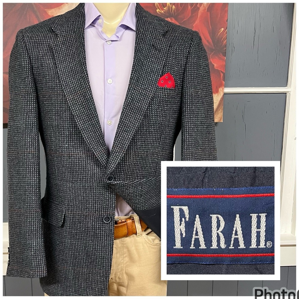 Vintage Farah Tweed Blazer Sport Coat Mens 42L Long Wool Blend Navy/Green/Red